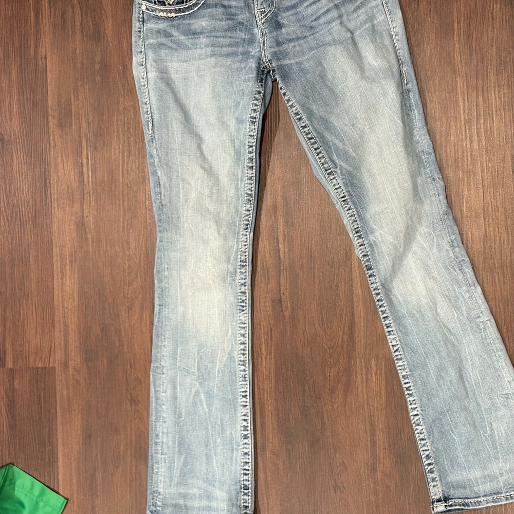 Y2K Embellished Low Rise Slim Bootcut Jeans Thick Stitch Crystal Pocket 7 8